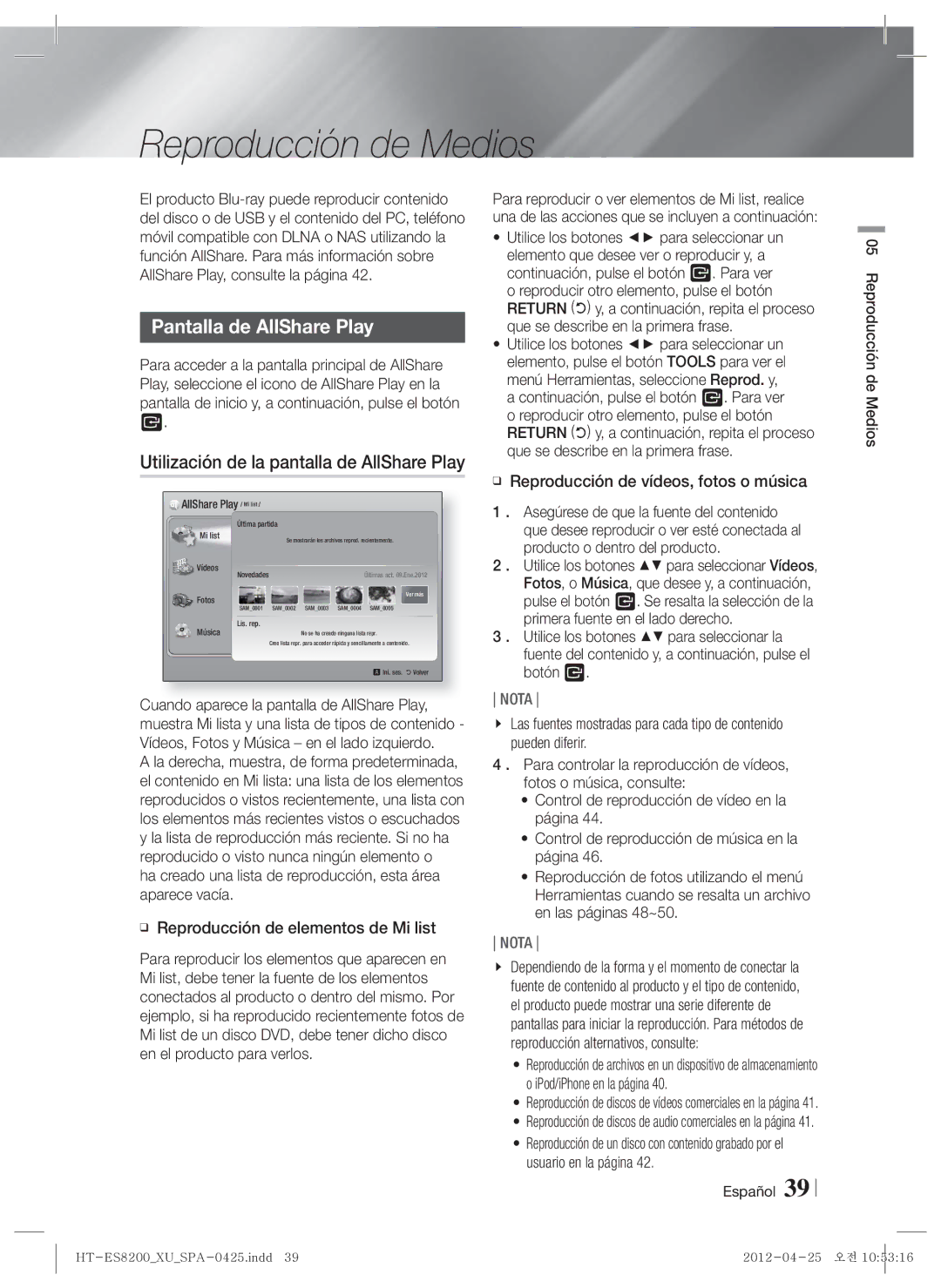 Samsung HT-ES8200/ZF manual Reproducción de Medios, Pantalla de AllShare Play, Utilización de la pantalla de AllShare Play 