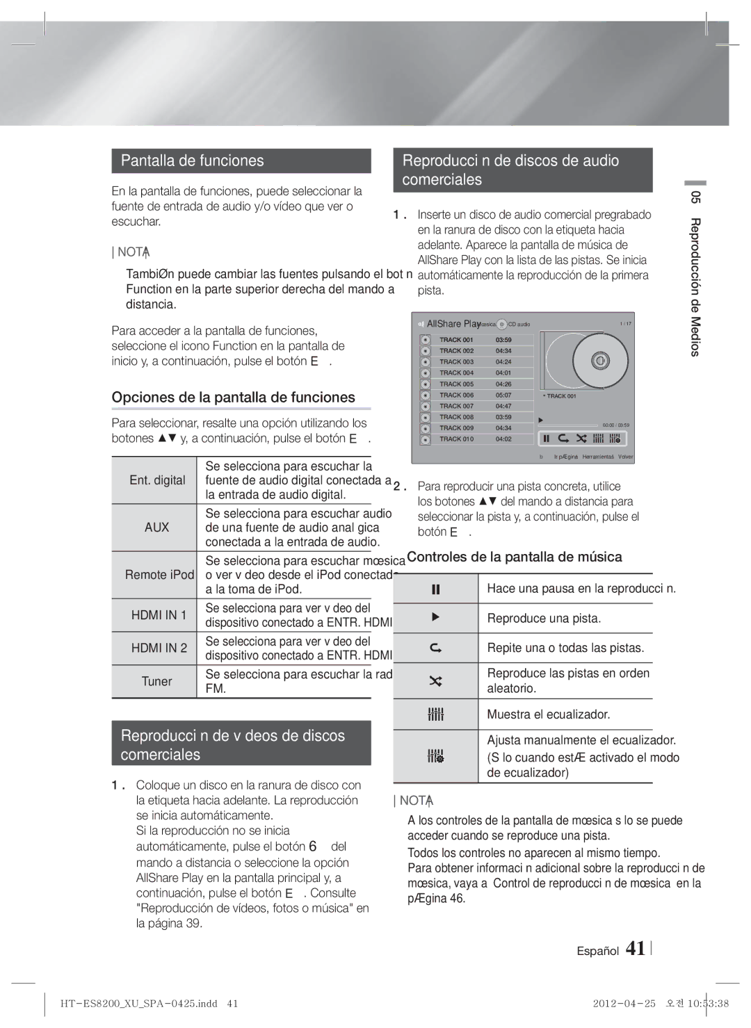 Samsung HT-ES8200/ZF manual Pantalla de funciones, Opciones de la pantalla de funciones, Controles de la pantalla de música 