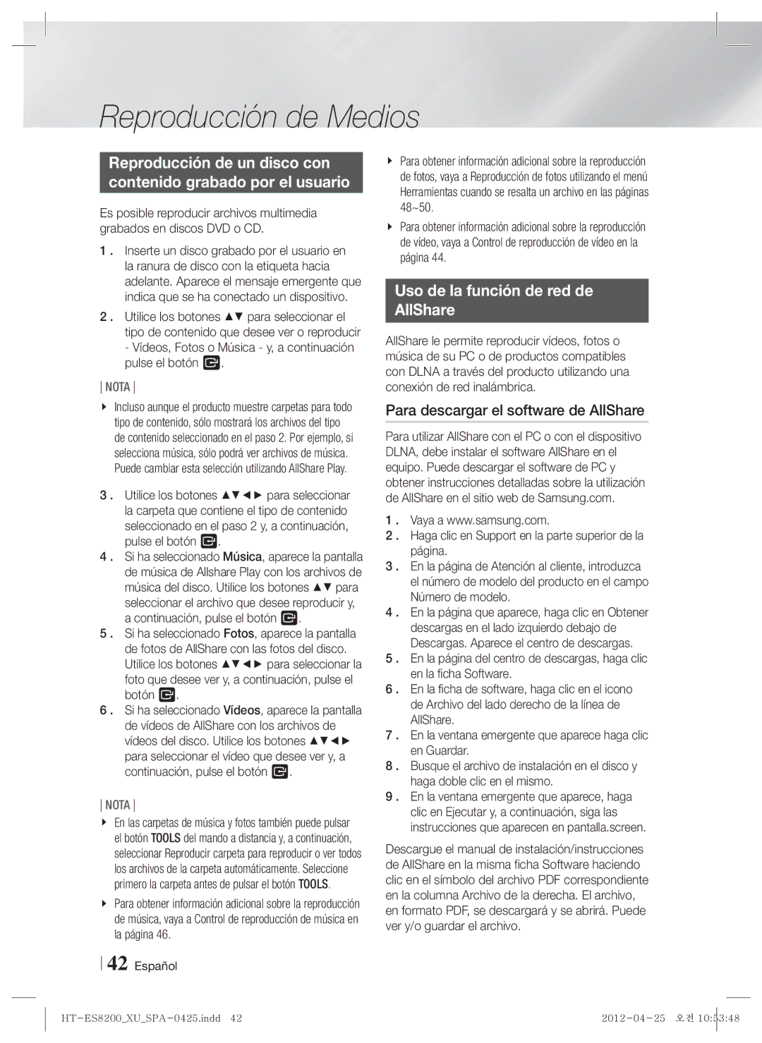 Samsung HT-ES8200/ZF manual Uso de la función de red de AllShare, Para descargar el software de AllShare 