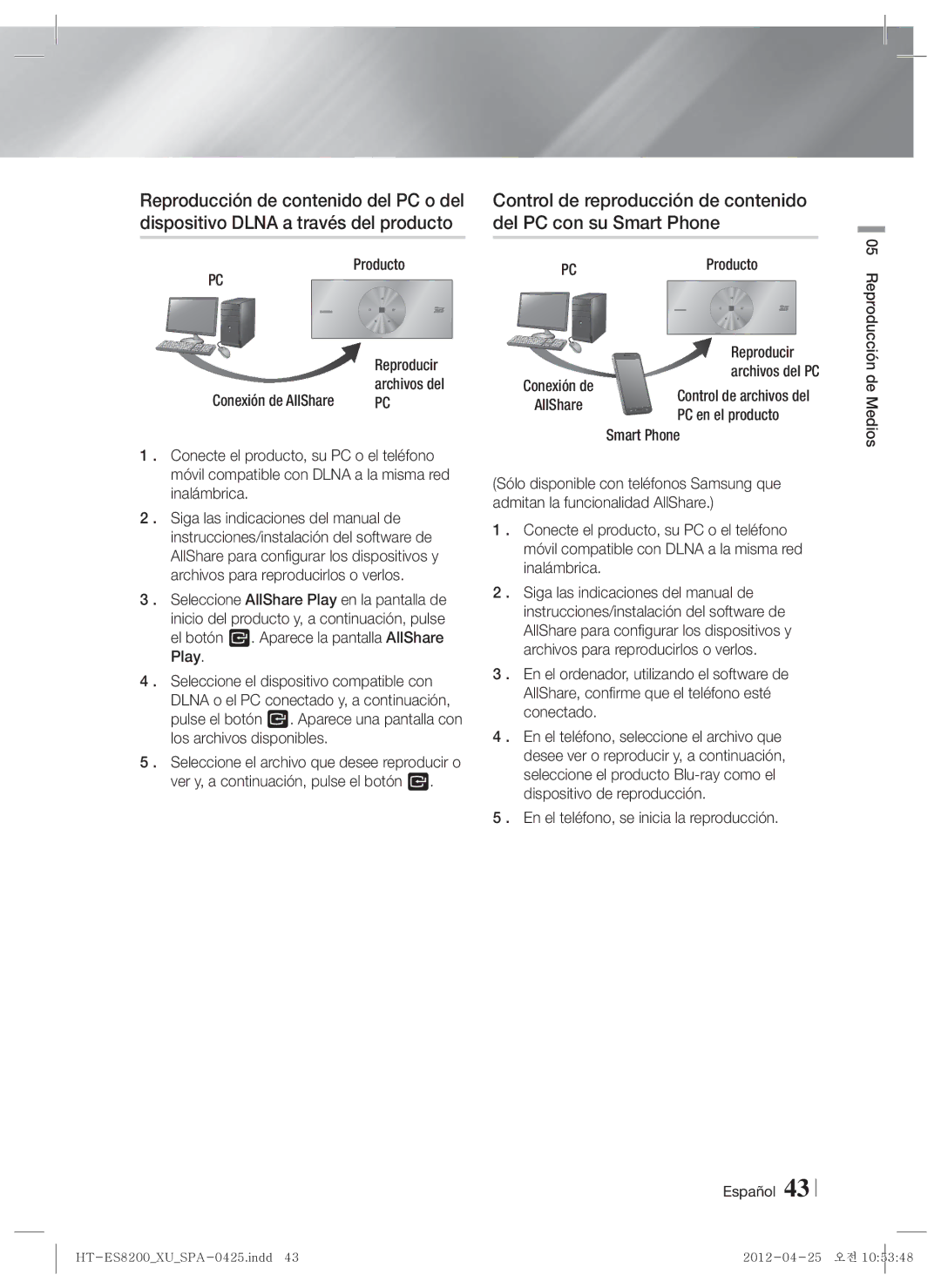 Samsung HT-ES8200/ZF Reproducción de contenido del PC o del, Control de reproducción de contenido, Producto, Conexión de 