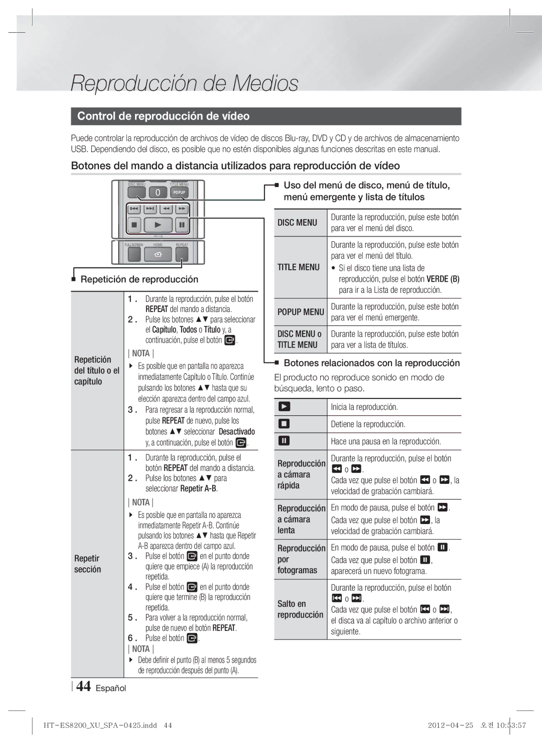 Samsung HT-ES8200/ZF manual Control de reproducción de vídeo 