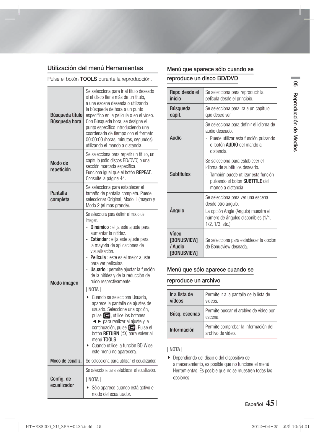 Samsung HT-ES8200/ZF manual Utilización del menú Herramientas, Menú que aparece sólo cuando se Reproduce un disco BD/DVD 