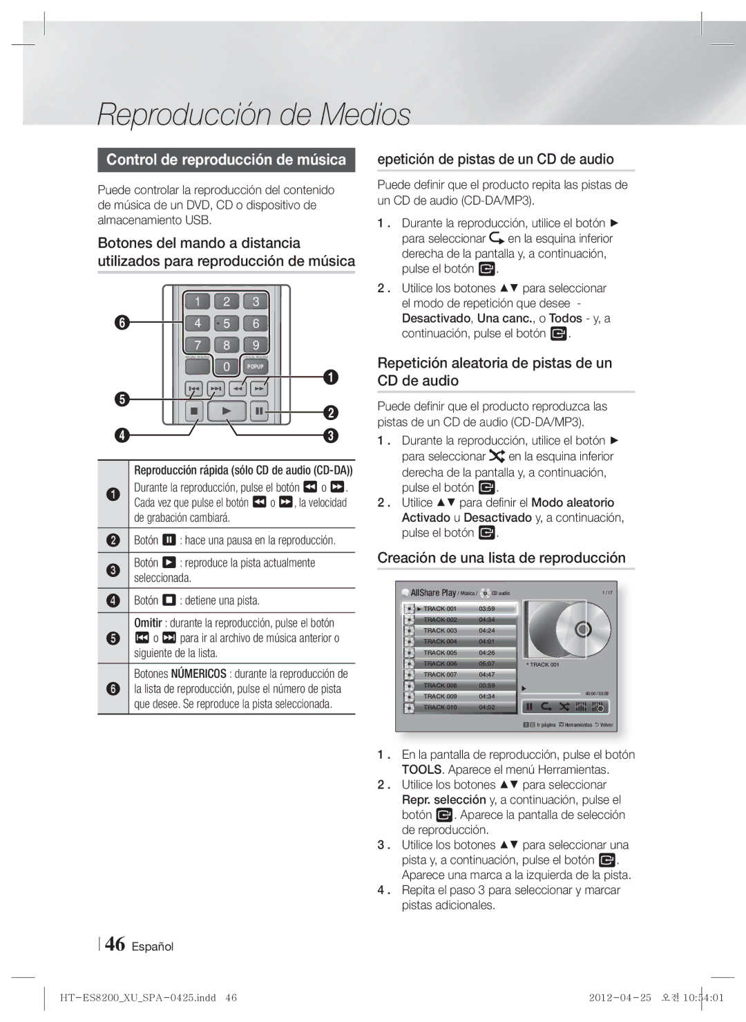 Samsung HT-ES8200/ZF manual Control de reproducción de música, Epetición de pistas de un CD de audio 