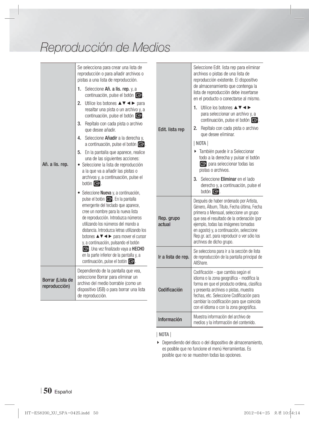 Samsung HT-ES8200/ZF Que desee añadir, Añ. a lis. rep, Reproducción, De reproducción, Edit. lista rep, Que desee eliminar 