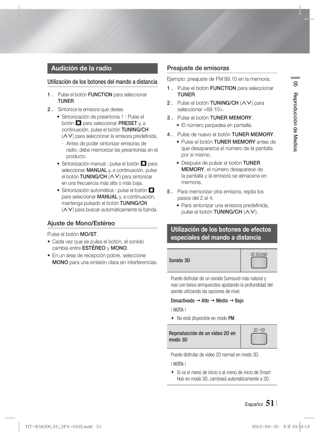 Samsung HT-ES8200/ZF manual Audición de la radio, Preajuste de emisoras, Ajuste de Mono/Estéreo 