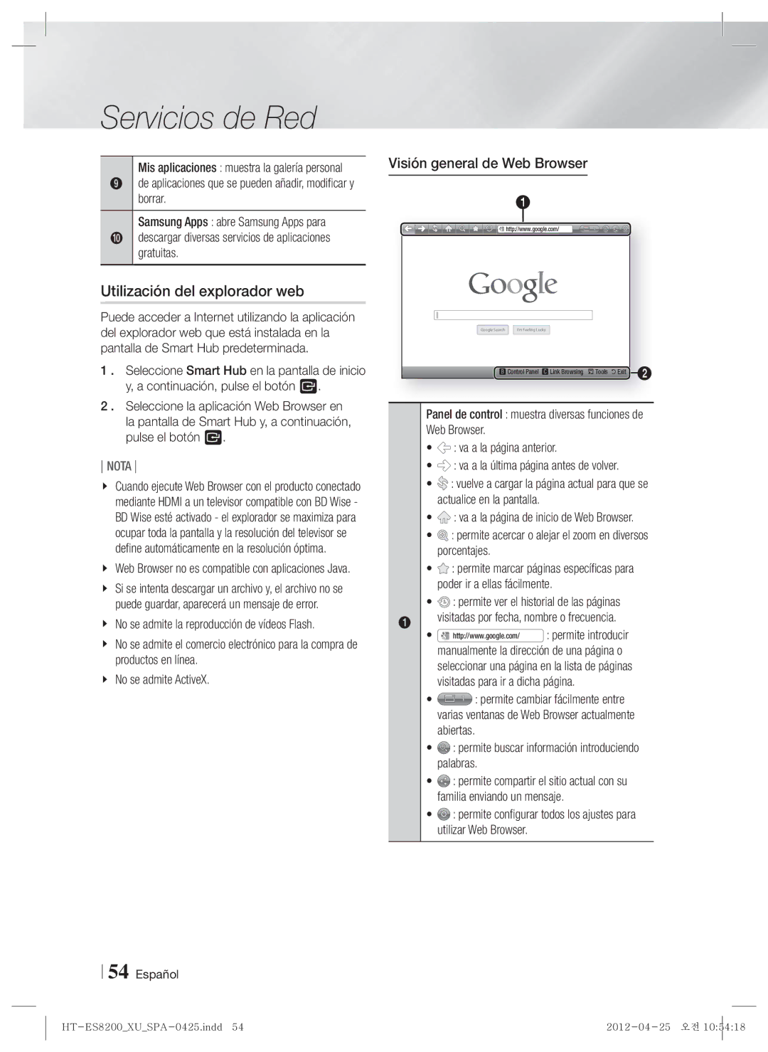 Samsung HT-ES8200/ZF manual Utilización del explorador web, Visión general de Web Browser 