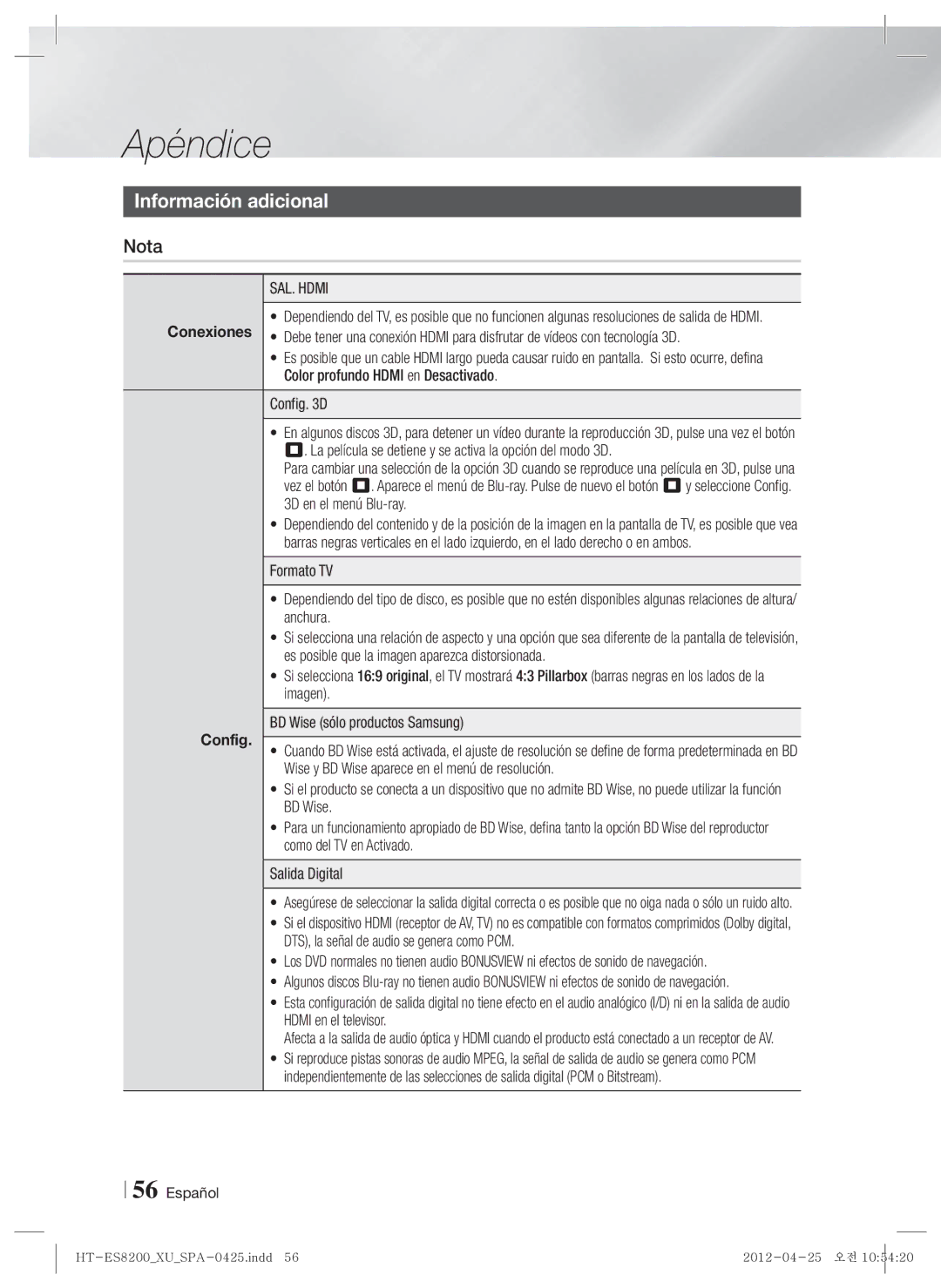 Samsung HT-ES8200/ZF manual Apéndice, Información adicional, SAL. Hdmi, Config 