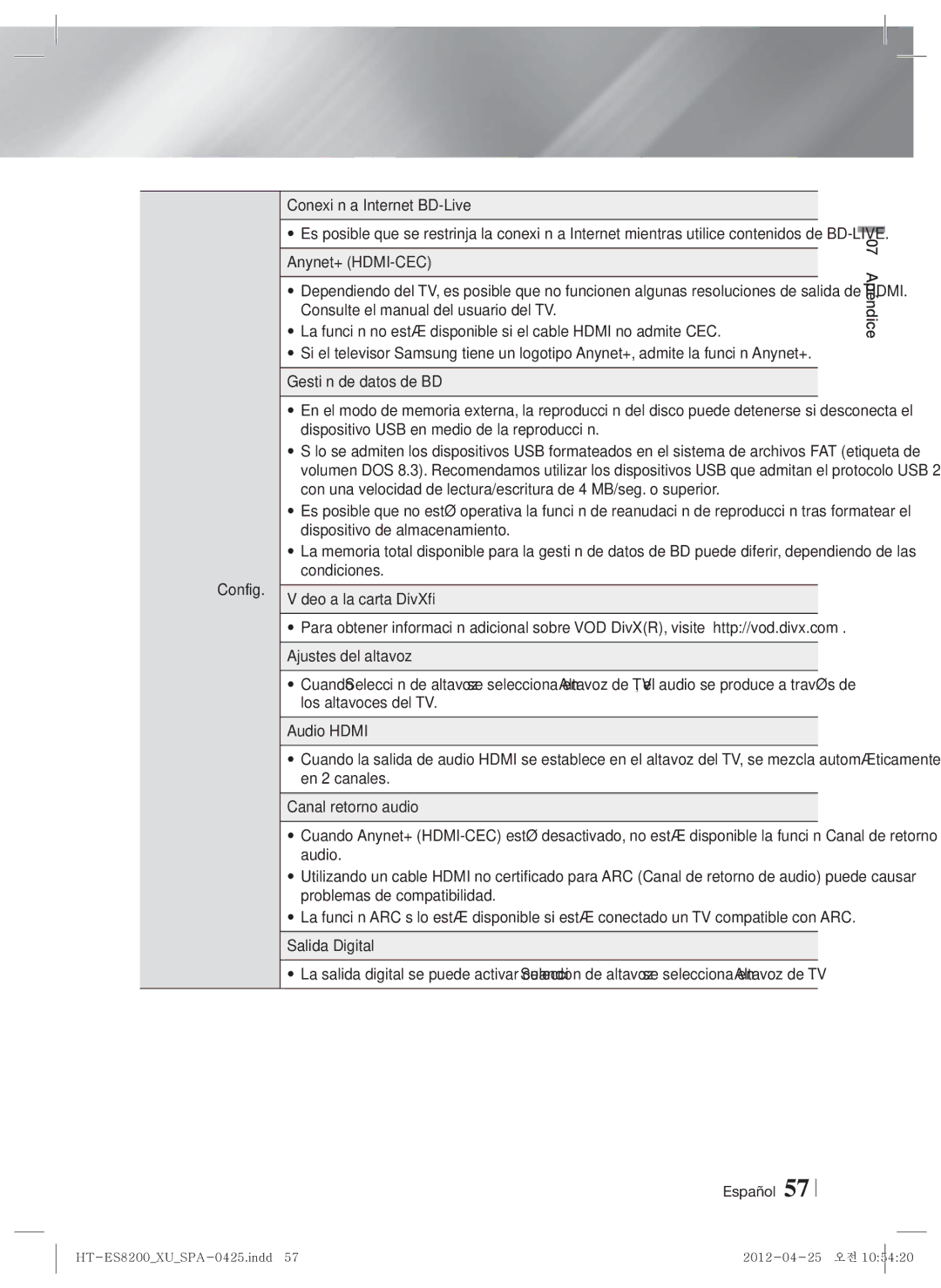 Samsung HT-ES8200/ZF manual Conexión a Internet BD-Live, Español 07 Apéndice 