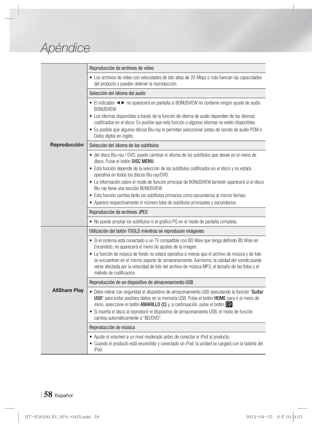 Samsung HT-ES8200/ZF manual Reproducción de archivos de vídeo, Selección del idioma del audio 