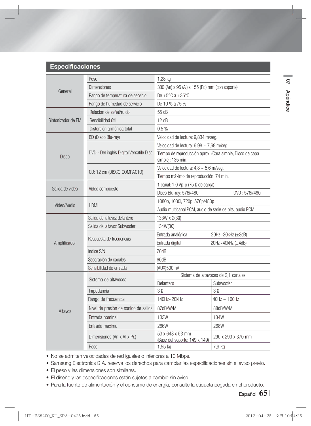 Samsung HT-ES8200/ZF manual Especificaciones 