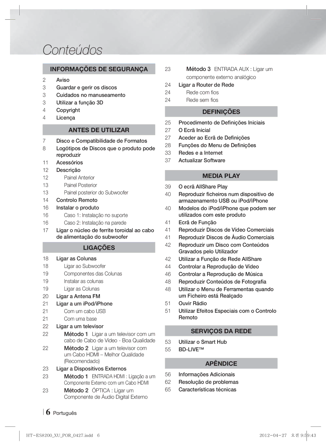 Samsung HT-ES8200/ZF manual Conteúdos, Utilizar o Smart Hub 