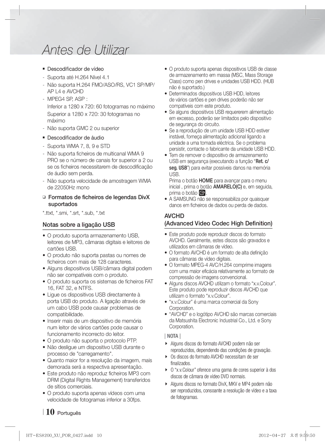 Samsung HT-ES8200/ZF manual Notas sobre a ligação USB, Colour é uma marca comercial da Sony Corporation 