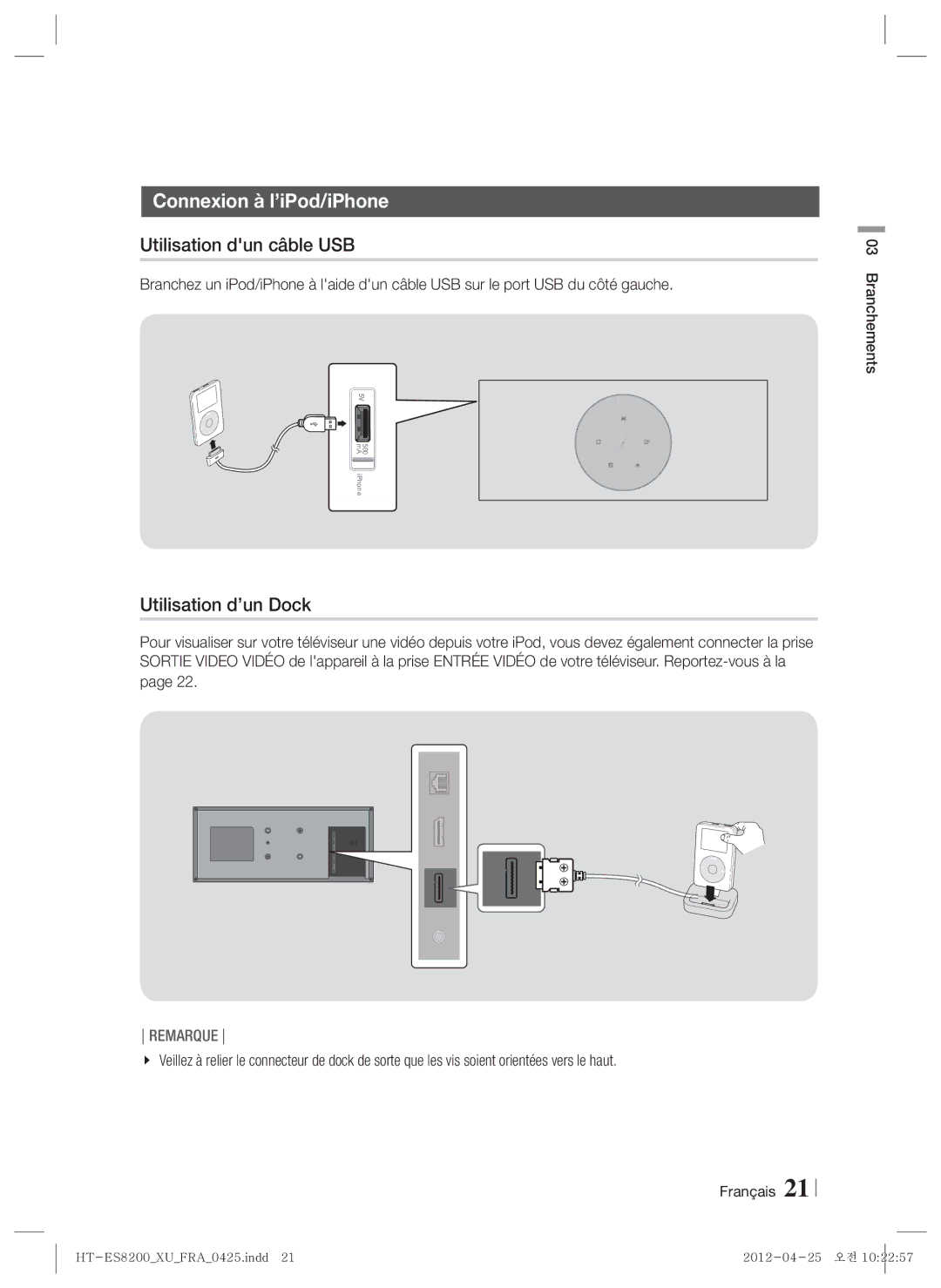 Samsung HT-ES8200/ZF manual Connexion à l’iPod/iPhone, Utilisation dun câble USB, Utilisation d’un Dock 