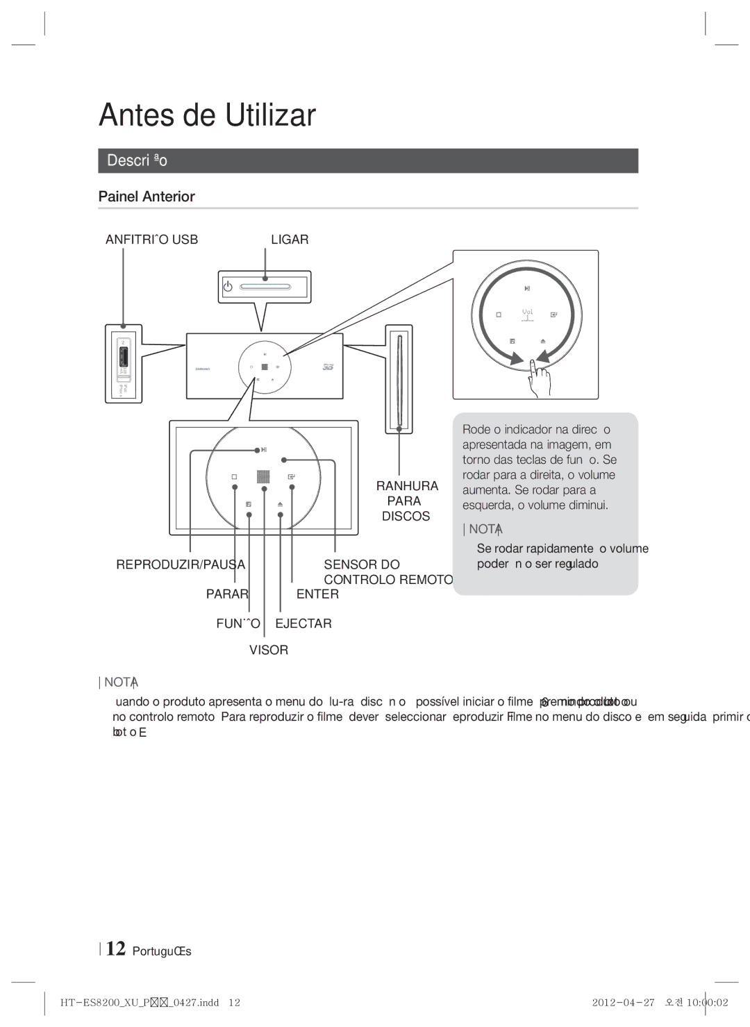 Samsung HT-ES8200/ZF manual Descrição, Painel Anterior 