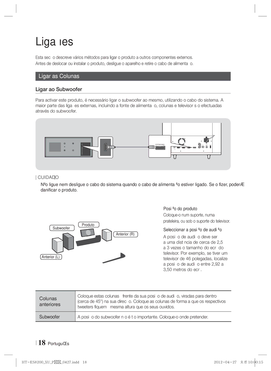 Samsung HT-ES8200/ZF manual Ligações, Ligar as Colunas, Ligar ao Subwoofer 