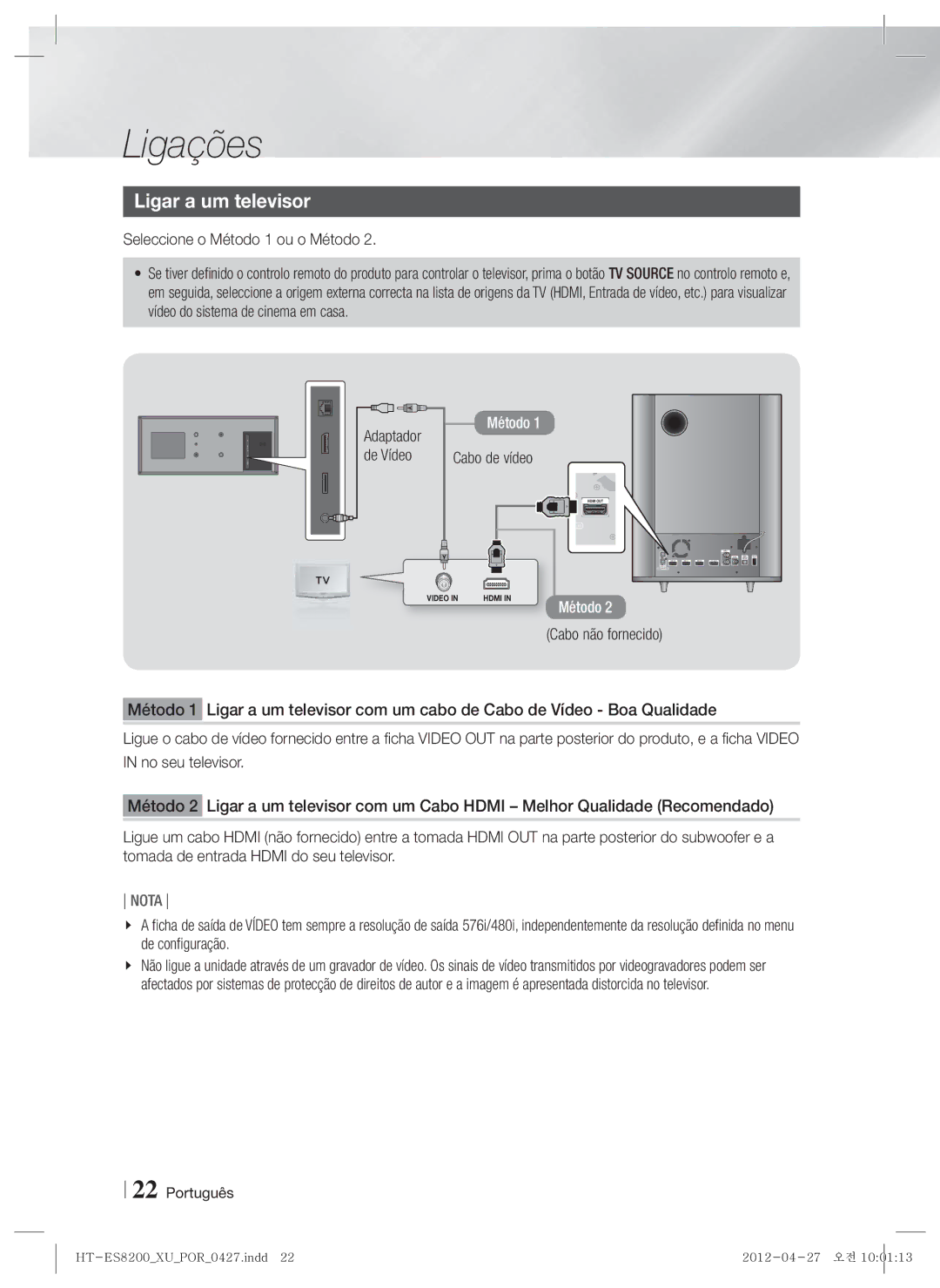 Samsung HT-ES8200/ZF manual Ligar a um televisor, Seleccione o Método 1 ou o Método 