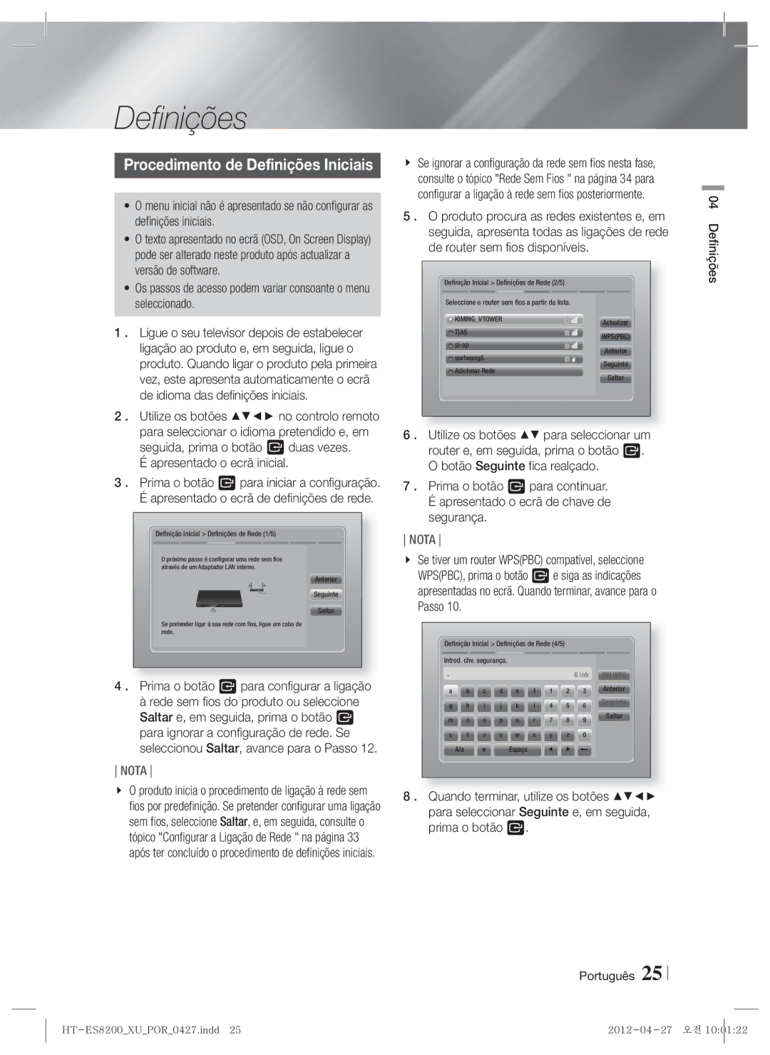 Samsung HT-ES8200/ZF manual Procedimento de Definições Iniciais, Apresentado o ecrã inicial, Português Definições 