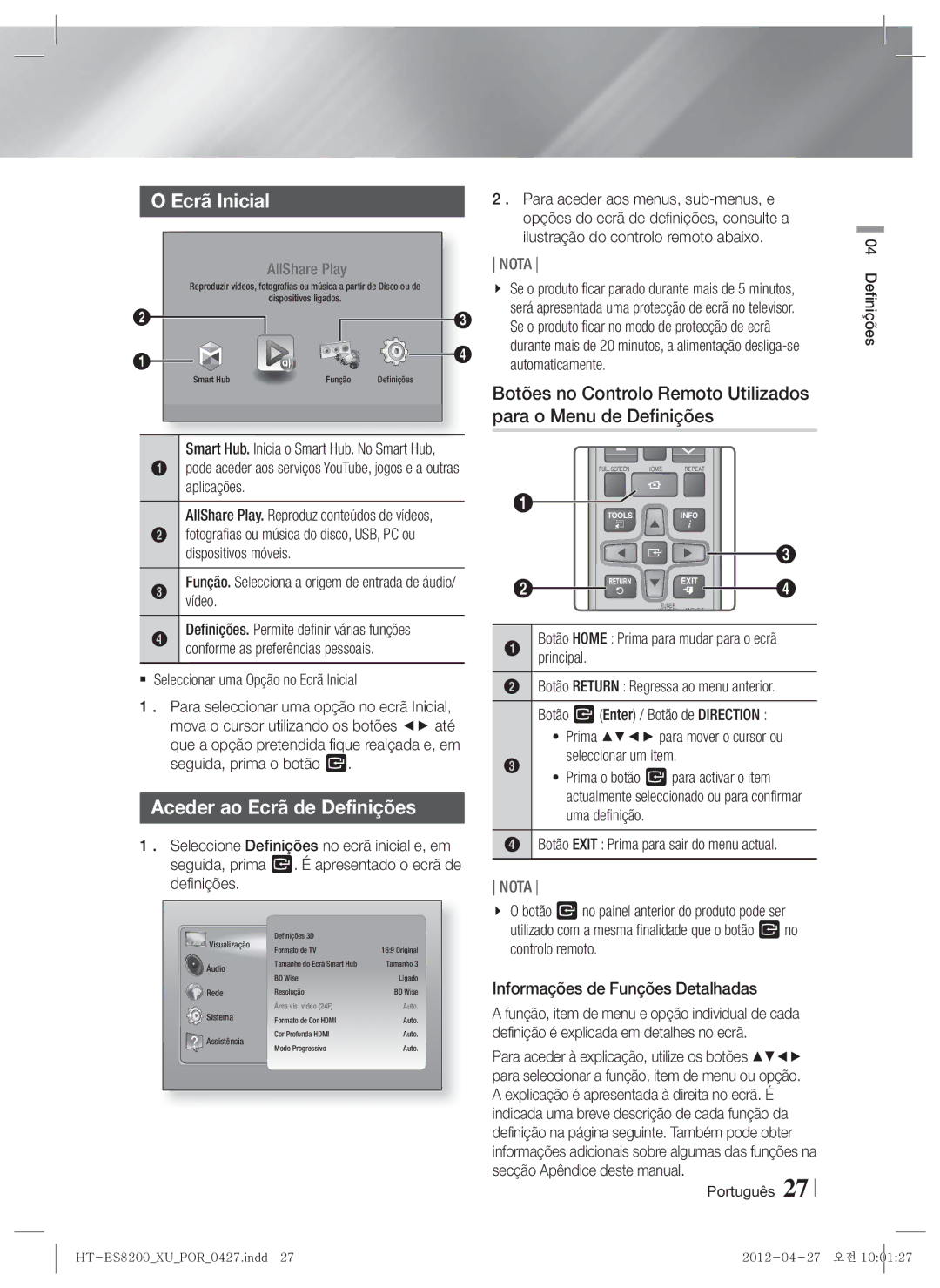 Samsung HT-ES8200/ZF manual Aceder ao Ecrã de Definições,  Seleccionar uma Opção no Ecrã Inicial 