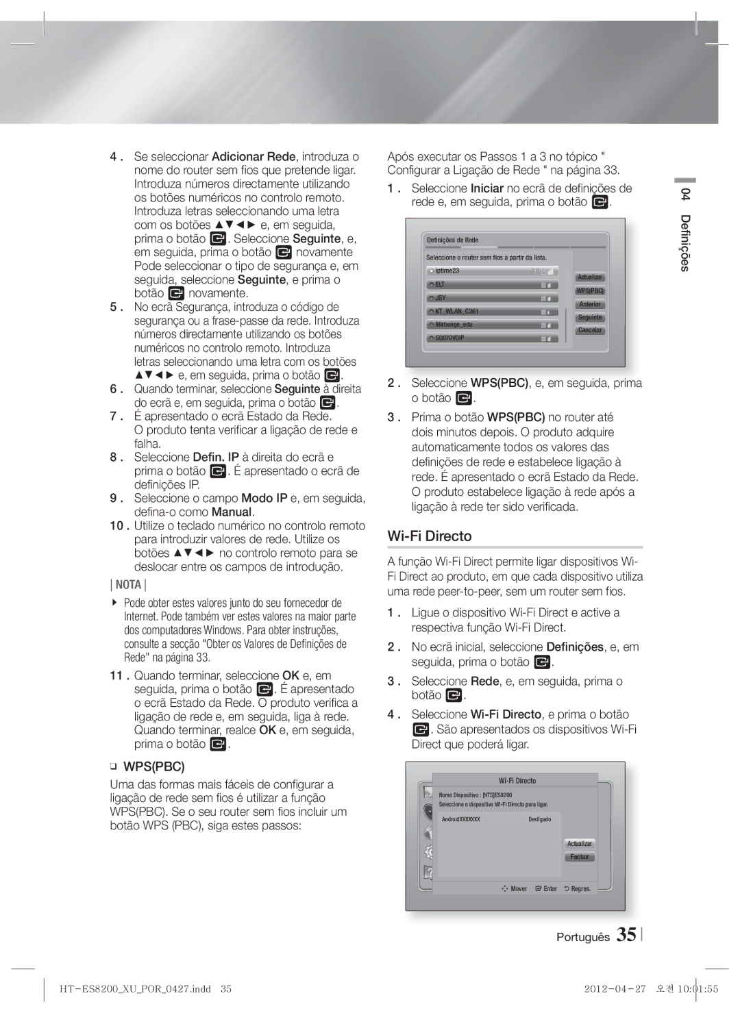 Samsung HT-ES8200/ZF manual Wi-Fi Directo, Seleccione WPSPBC, e, em seguida, prima o botão E 