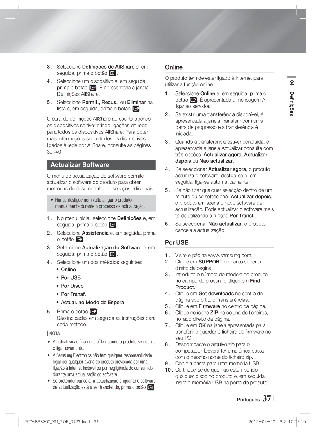 Samsung HT-ES8200/ZF manual Actualizar Software, Online, Copie a pasta para uma memória USB 