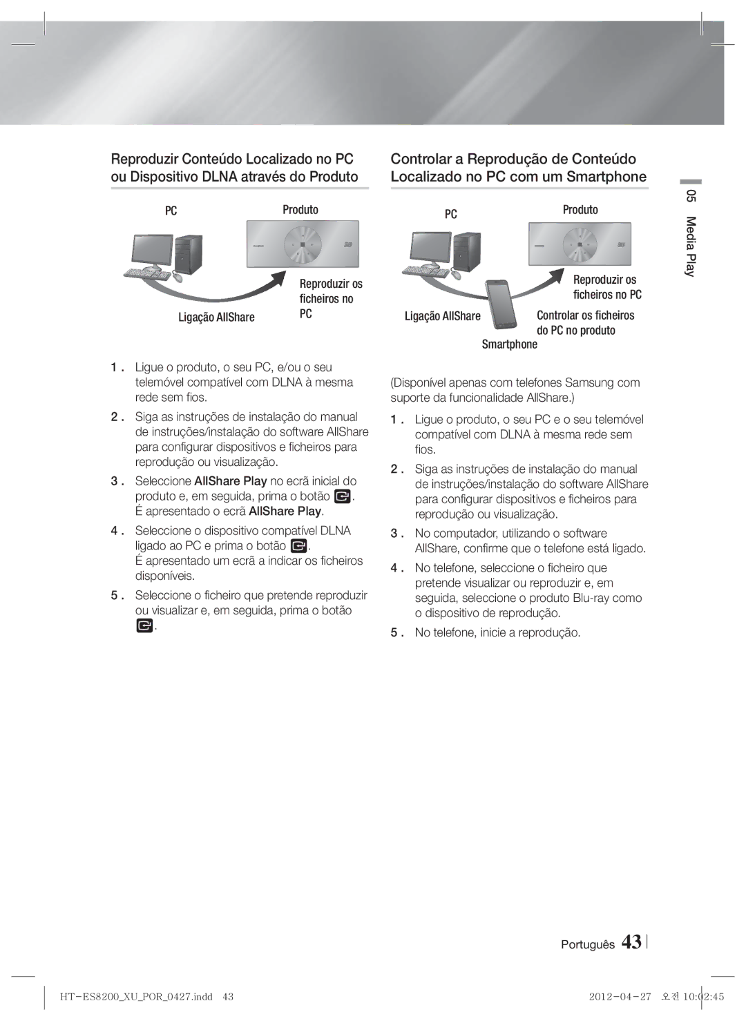 Samsung HT-ES8200/ZF Localizado no PC com um Smartphone, Ligação AllShare, Do PC no produto, Ficheiros no, Reproduzir os 