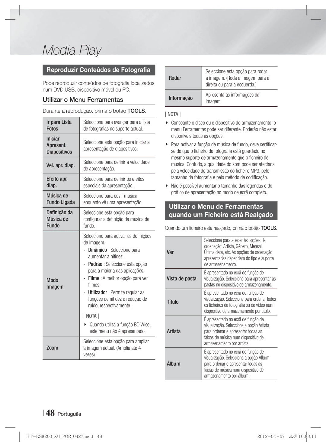 Samsung HT-ES8200/ZF manual Reproduzir Conteúdos de Fotografia 