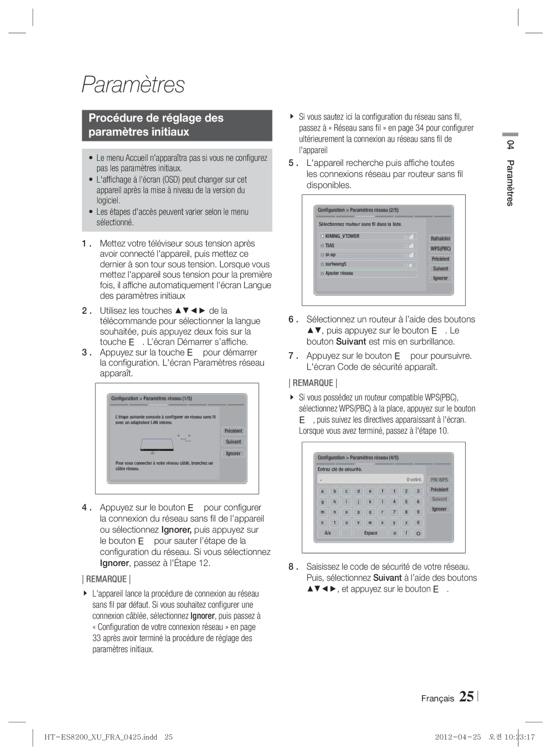 Samsung HT-ES8200/ZF manual Procédure de réglage des Paramètres initiaux, Français Paramètres 