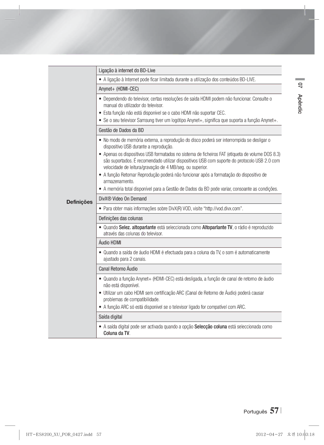 Samsung HT-ES8200/ZF manual Definições, Ligação à internet do BD-Live, Português 07 Apêndic 