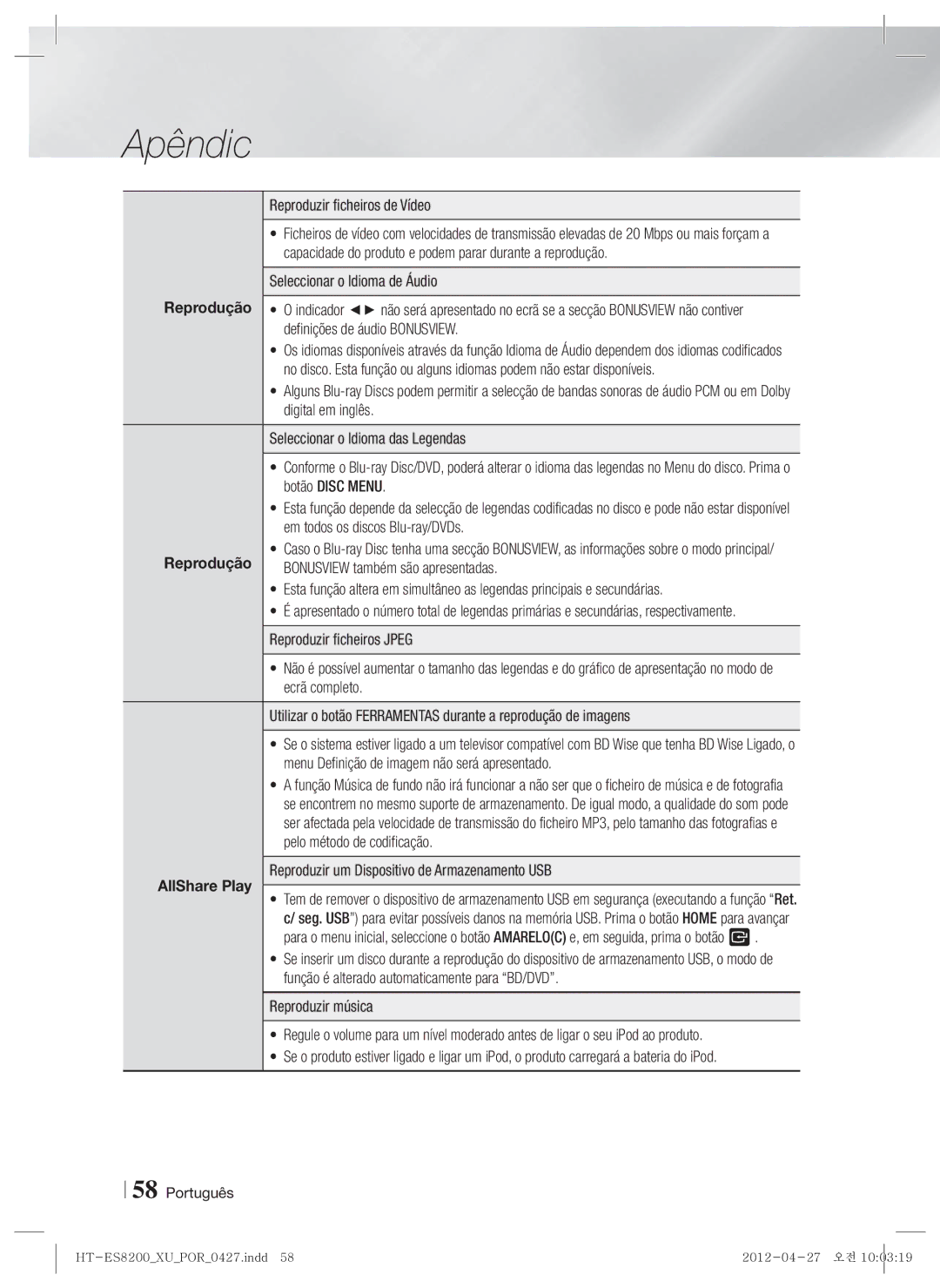 Samsung HT-ES8200/ZF manual Reprodução 