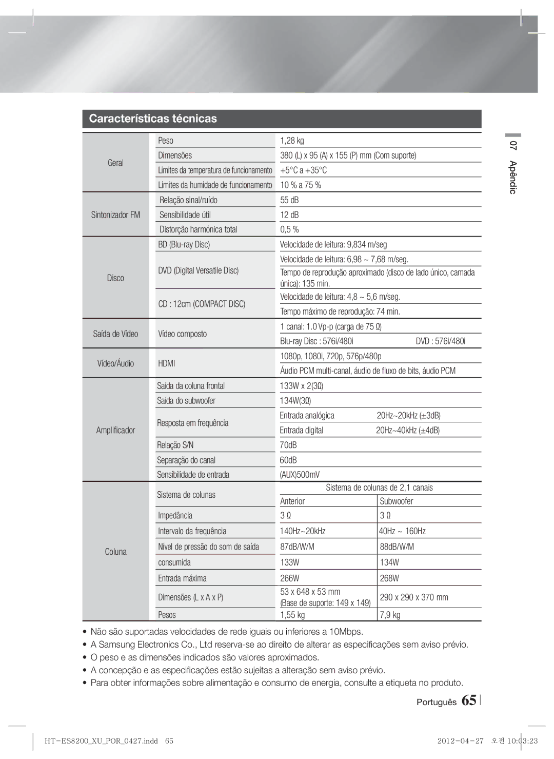 Samsung HT-ES8200/ZF manual Características técnicas 