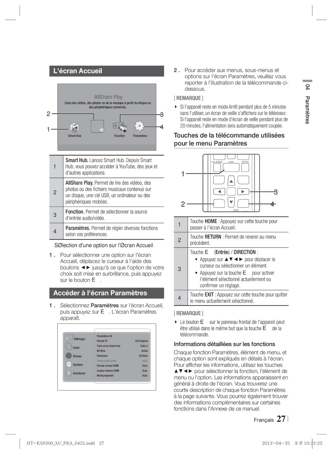 Samsung HT-ES8200/ZF manual Lécran Accueil, Accéder à lécran Paramètres 