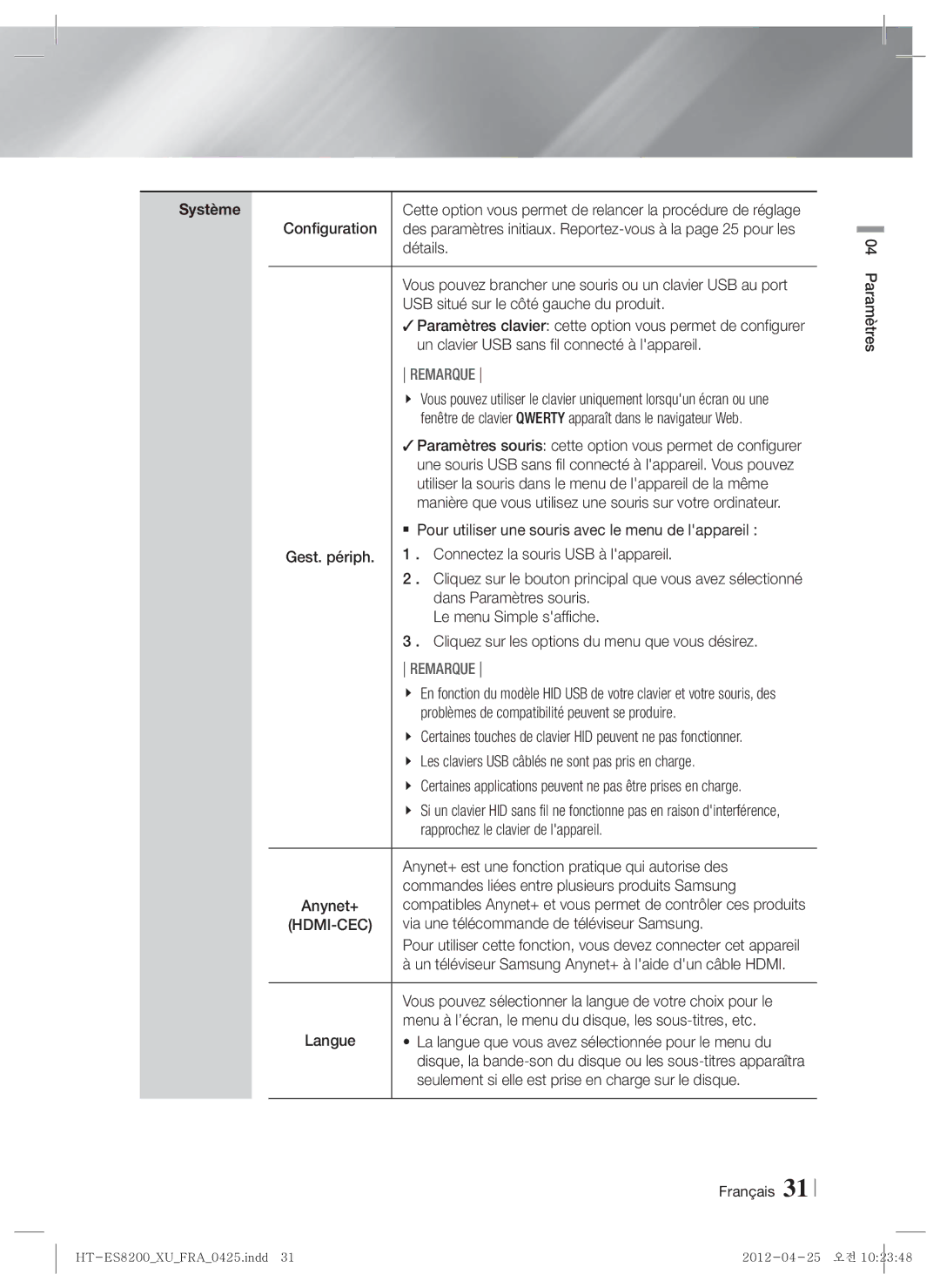 Samsung HT-ES8200/ZF manual Système, Hdmi-Cec 