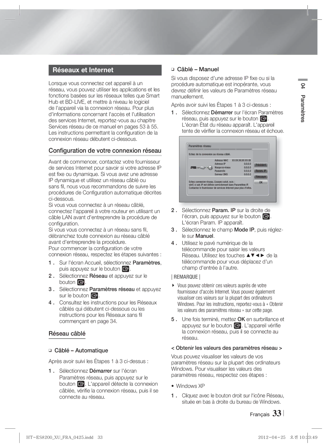 Samsung HT-ES8200/ZF manual Réseaux et Internet, Configuration de votre connexion réseau, Réseau câblé, Windows XP 