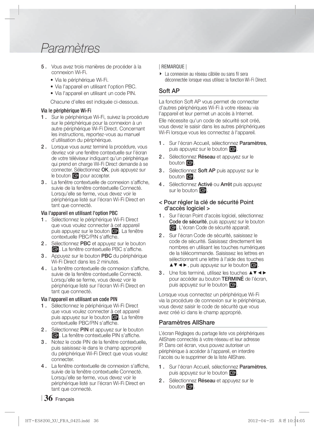 Samsung HT-ES8200/ZF manual Soft AP, Paramètres AllShare, Pour régler la clé de sécurité Point daccès logiciel 