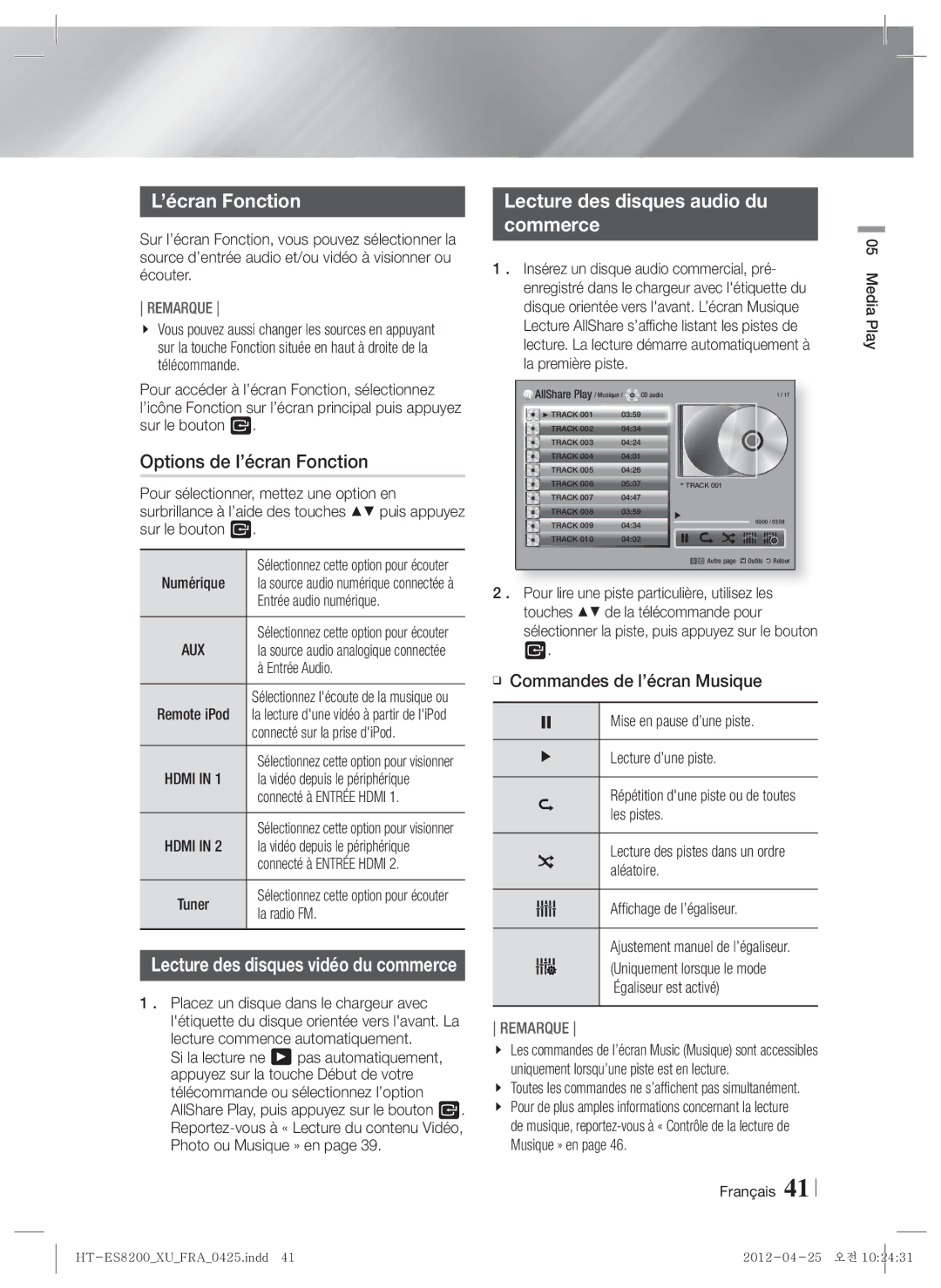 Samsung HT-ES8200/ZF Options de l’écran Fonction, Lecture des disques audio du Commerce, Commandes de l’écran Musique 