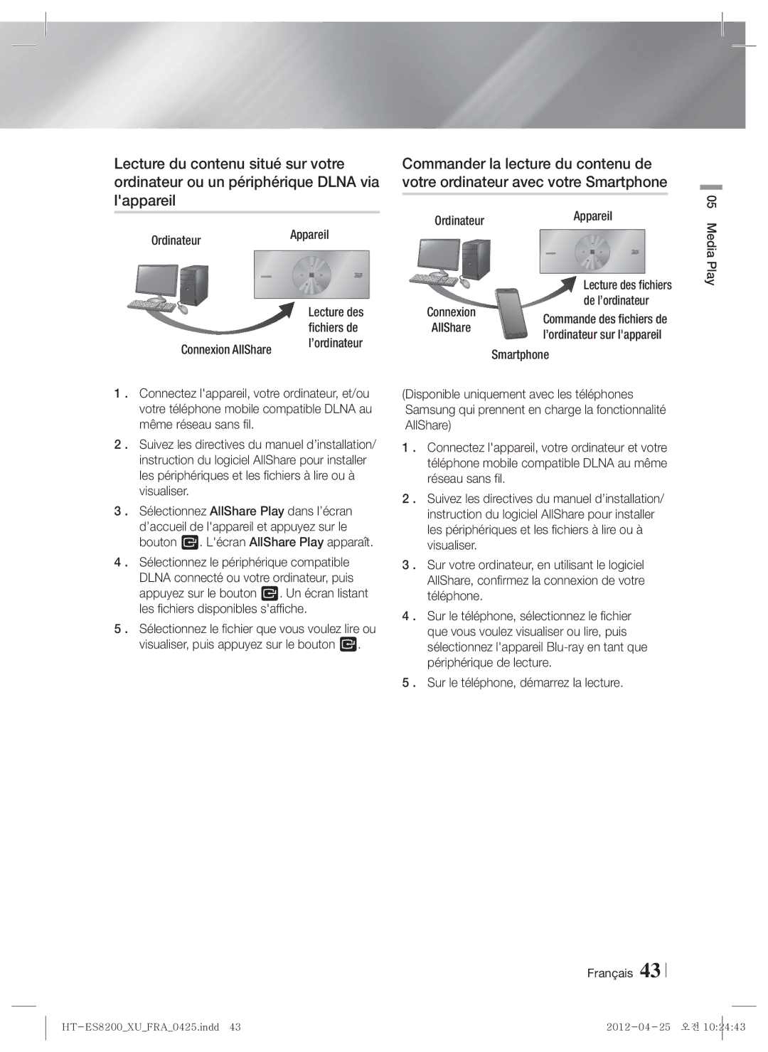 Samsung HT-ES8200/ZF manual OrdinateurAppareil, Connexion AllShare, De l’ordinateur, Smartphone, Français Media Play 