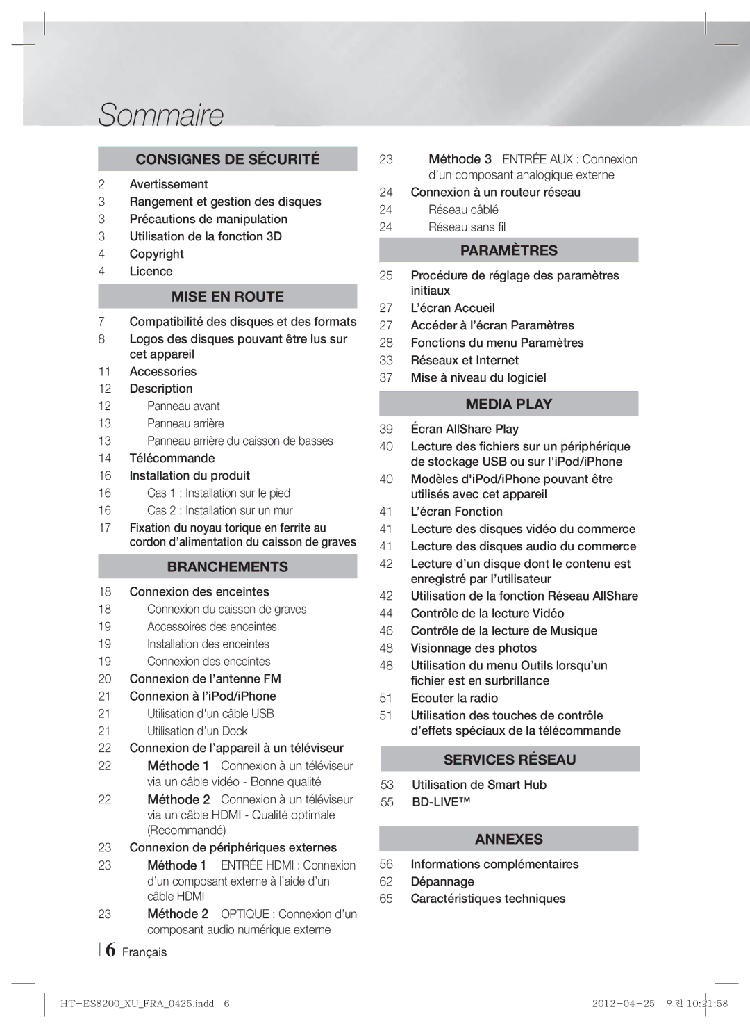 Samsung HT-ES8200/ZF manual Sommaire, 39 Écran AllShare Play, Utilisation de Smart Hub, Bd-Live 