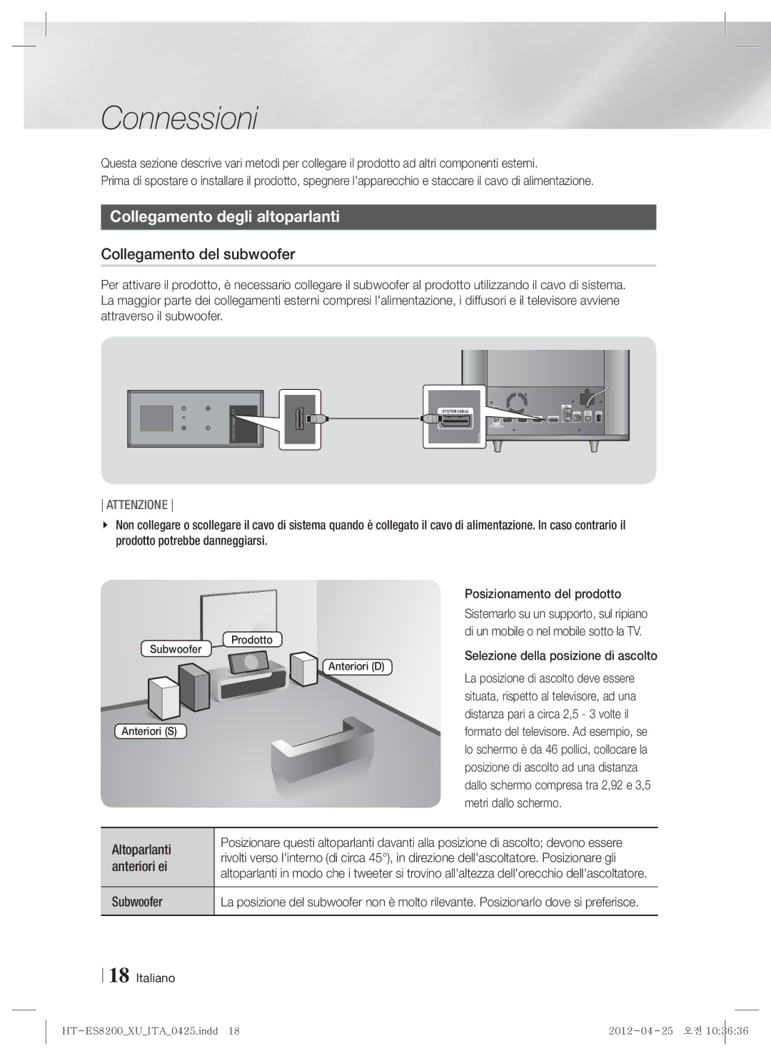 Samsung HT-ES8200/ZF manual Connessioni, Collegamento degli altoparlanti, Collegamento del subwoofer 