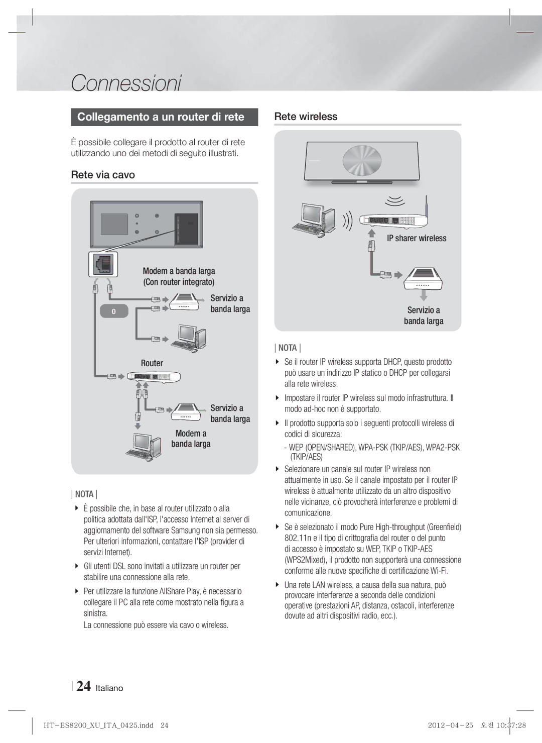 Samsung HT-ES8200/ZF manual Collegamento a un router di rete, Rete via cavo, Router, Banda larga Modem a 