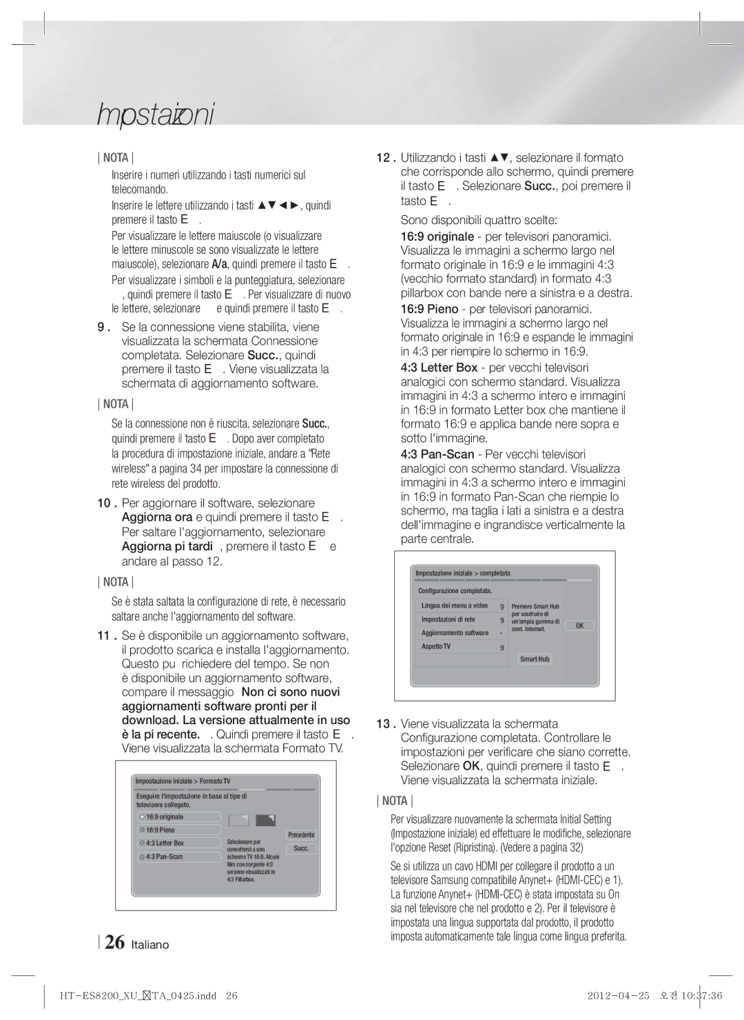 Samsung HT-ES8200/ZF manual Lingua dei menu a video Impostazioni di rete 