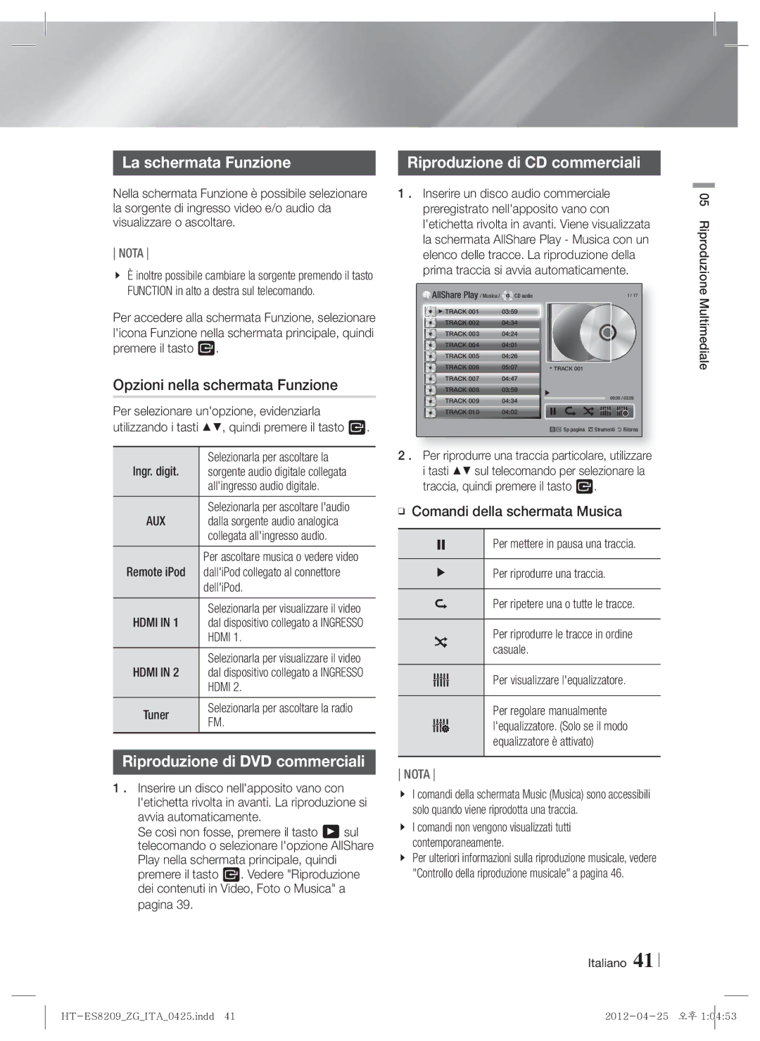 Samsung HT-ES8209/ZG manual La schermata Funzione, Opzioni nella schermata Funzione, Riproduzione di CD commerciali 