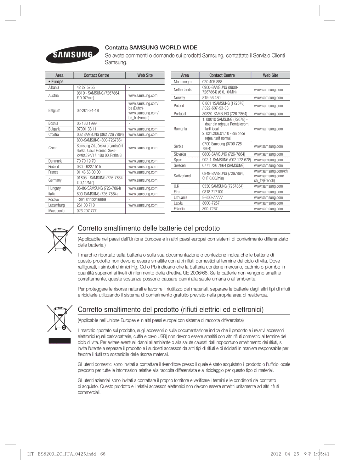 Samsung HT-ES8209/ZG manual Corretto smaltimento delle batterie del prodotto, Area Contact Centre  Web Site ` Europe 