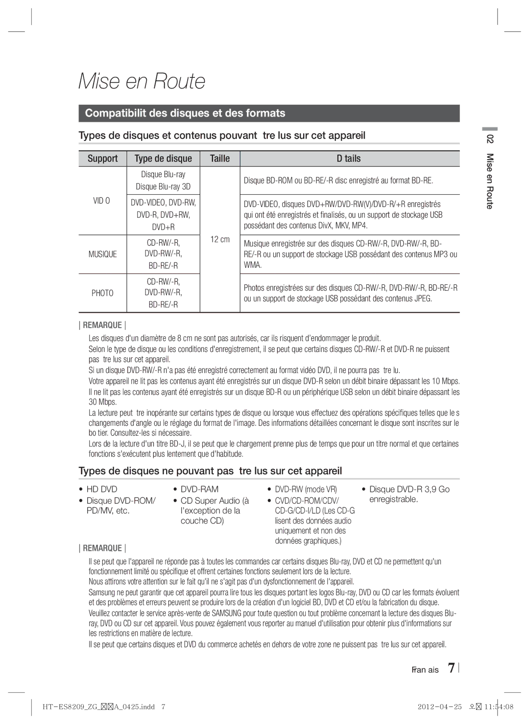 Samsung HT-ES8209/ZG manual Mise en Route, Compatibilité des disques et des formats, Support, Taille Détails 