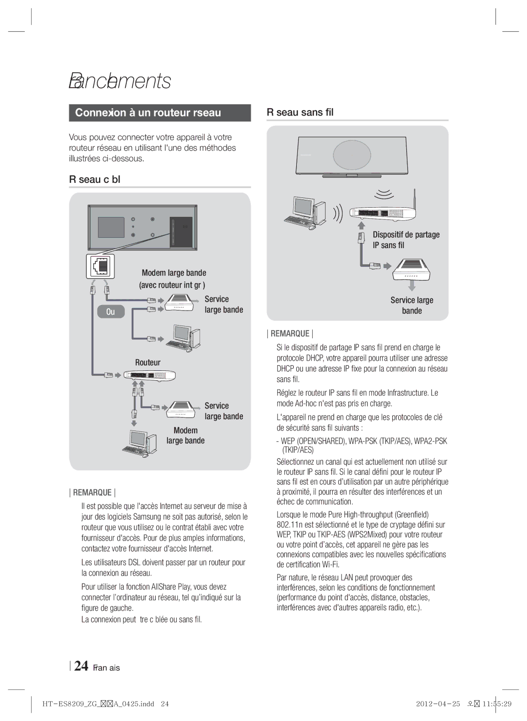 Samsung HT-ES8209/ZG manual Connexion à un routeur réseau, Réseau câblé 