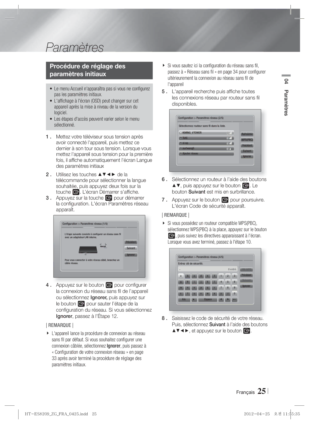 Samsung HT-ES8209/ZG manual Procédure de réglage des Paramètres initiaux, Français Paramètres 