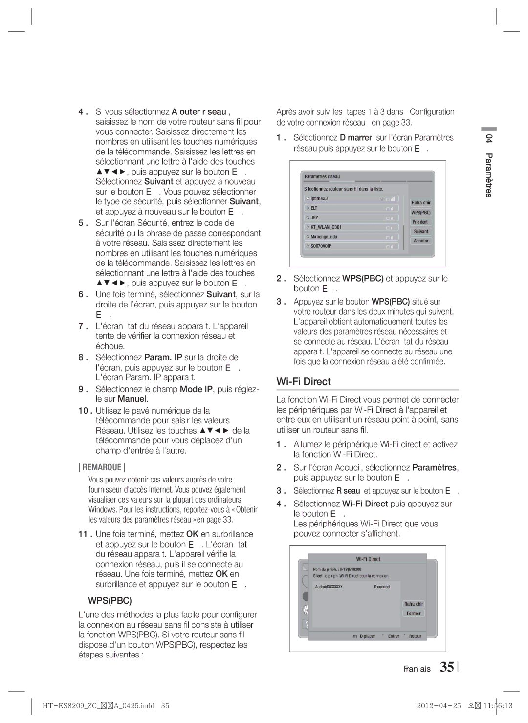 Samsung HT-ES8209/ZG manual Wi-Fi Direct, Sélectionnez Wpspbc et appuyez sur le bouton E 