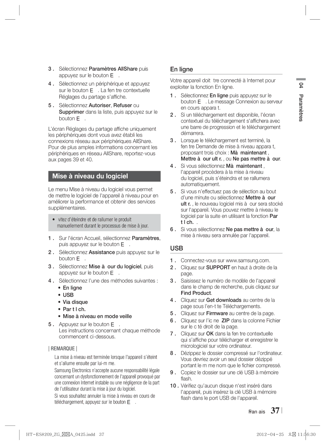 Samsung HT-ES8209/ZG manual Mise à niveau du logiciel, En ligne, Usb, Dézippez le dossier compressé sur lordinateur 