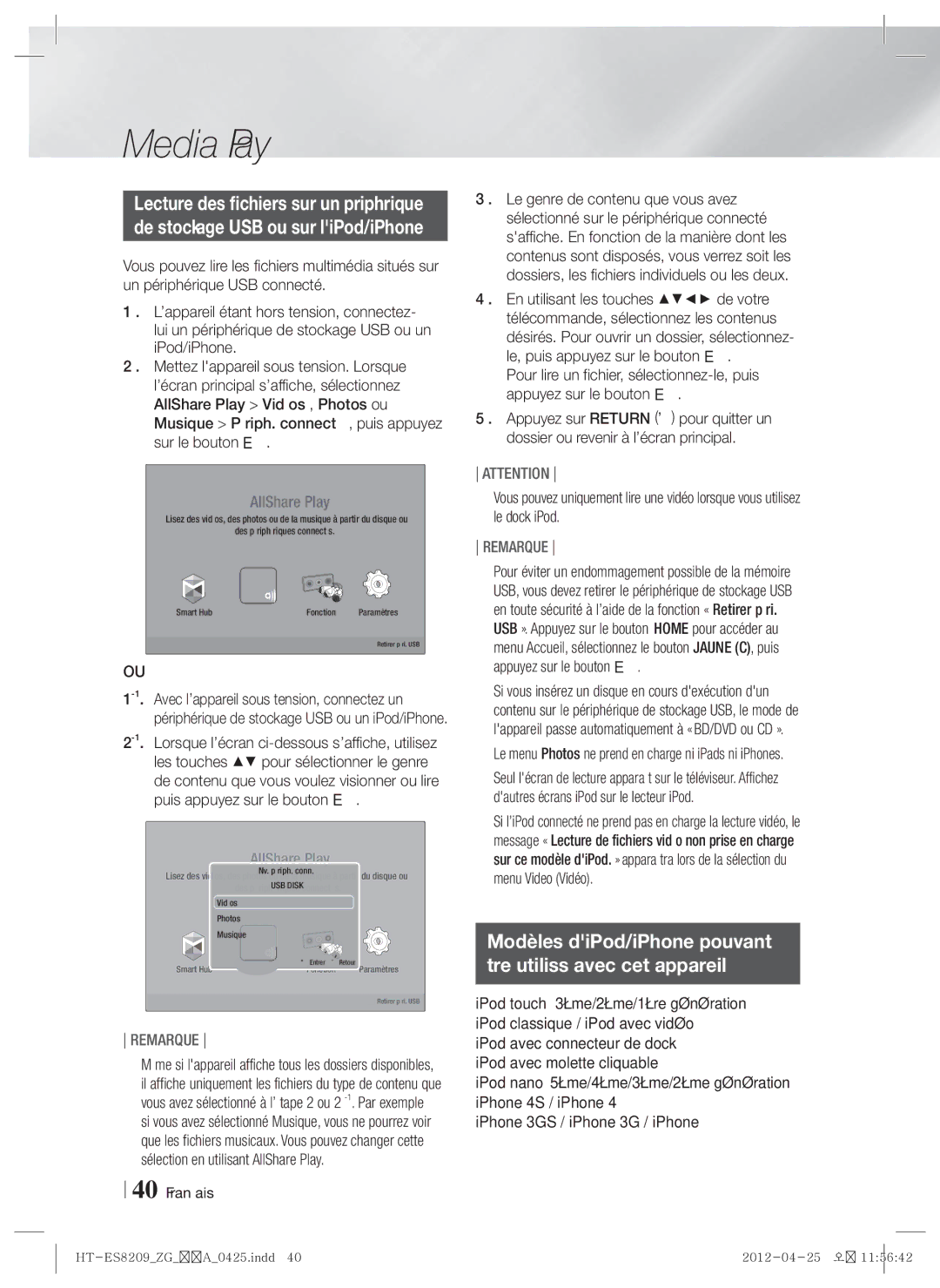 Samsung HT-ES8209/ZG manual Modèles diPod/iPhone pouvant Être utilisés avec cet appareil 