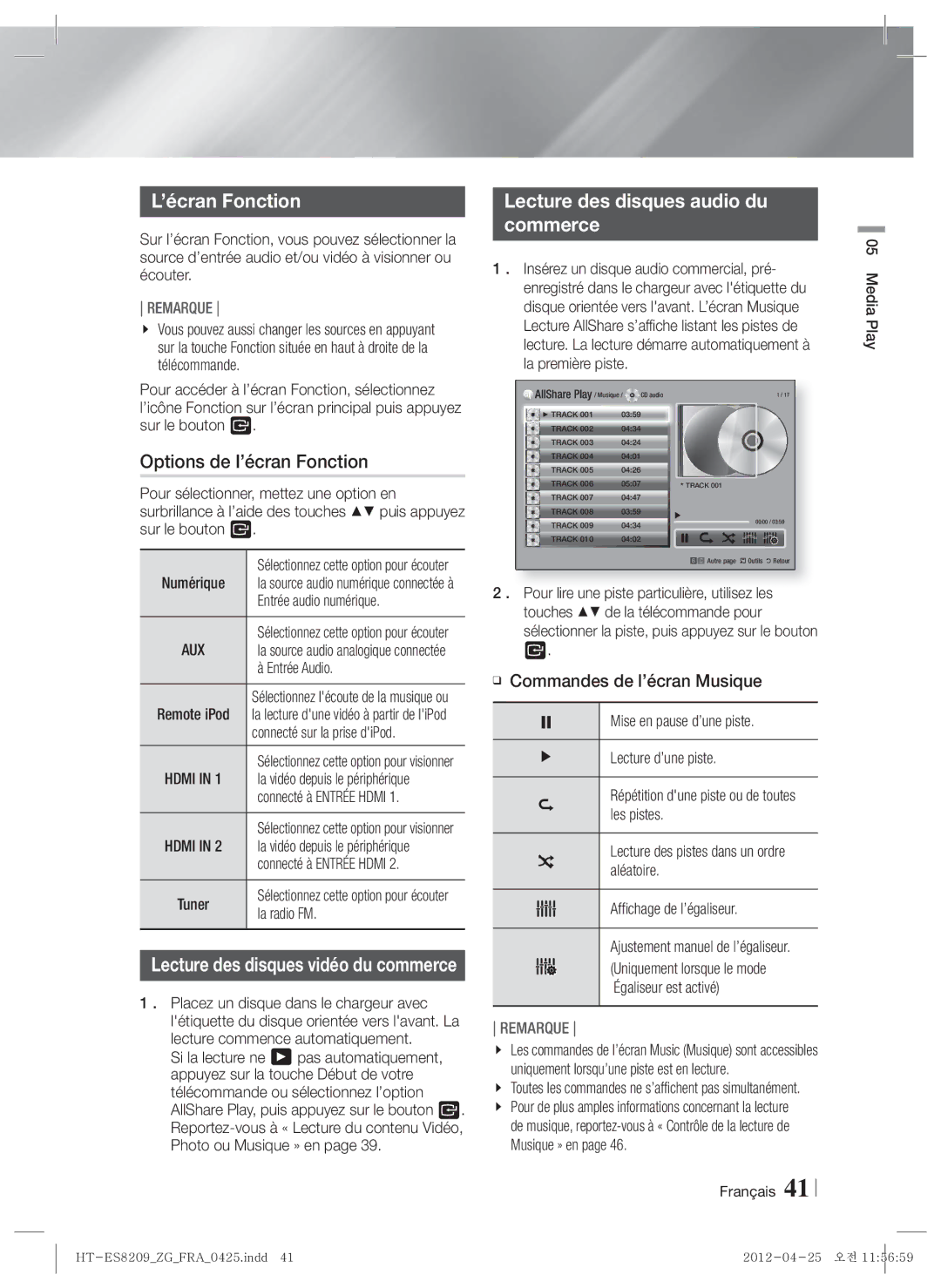 Samsung HT-ES8209/ZG Options de l’écran Fonction, Lecture des disques audio du Commerce, Commandes de l’écran Musique 