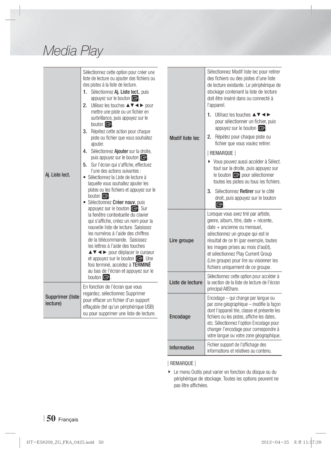 Samsung HT-ES8209/ZG Ajouter, Aj. Liste lect, Lappareil, Modif liste lec Appuyez sur le bouton E, Lire groupe, Encodage 